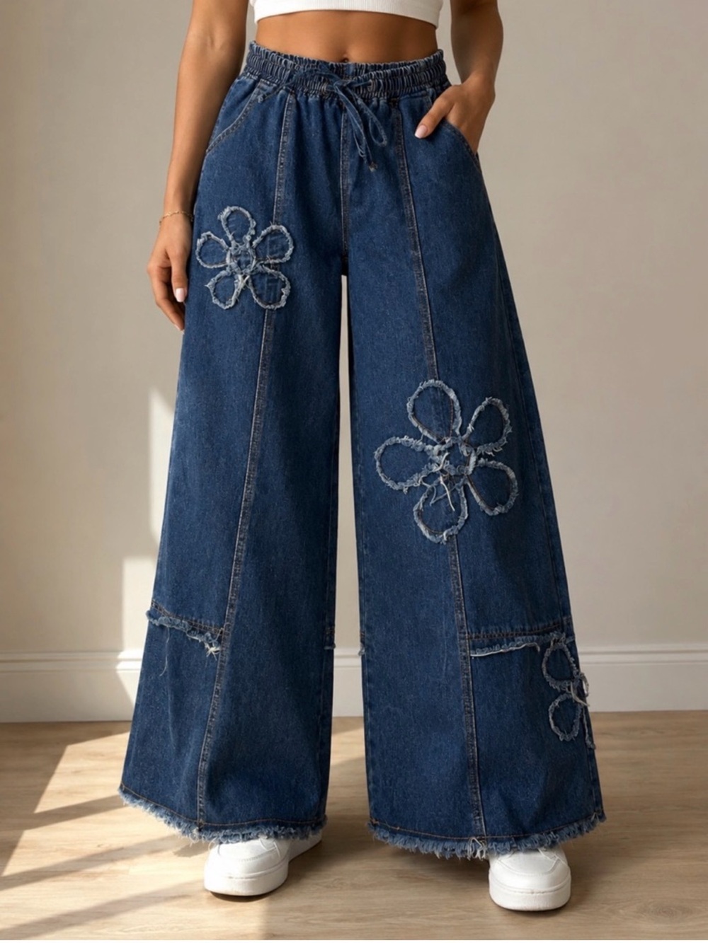 Wide Leg Floral Embroidered Denim Jeans - Dark Blue